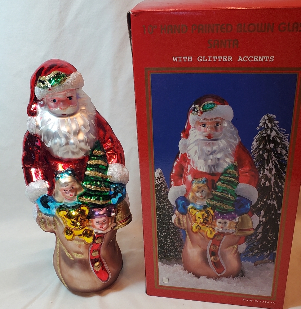 Christmas Traditions Vtg Hand Blown Glass Santa Glitter Accents AAF Gold Label